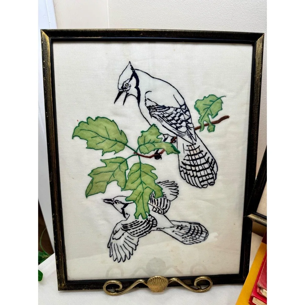 VTG Crow Bird Silk Embroidery Set 3 Wall Art Boho Whimsigoth Decor Framed